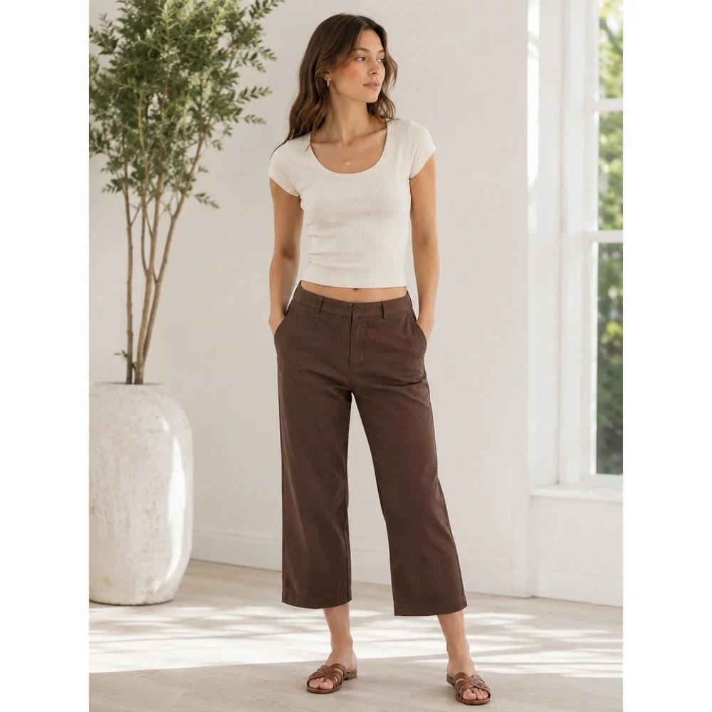 Lafayette‎ 148 New York Brown Cotton Stretch Cropped Straight Leg Pants Size 6